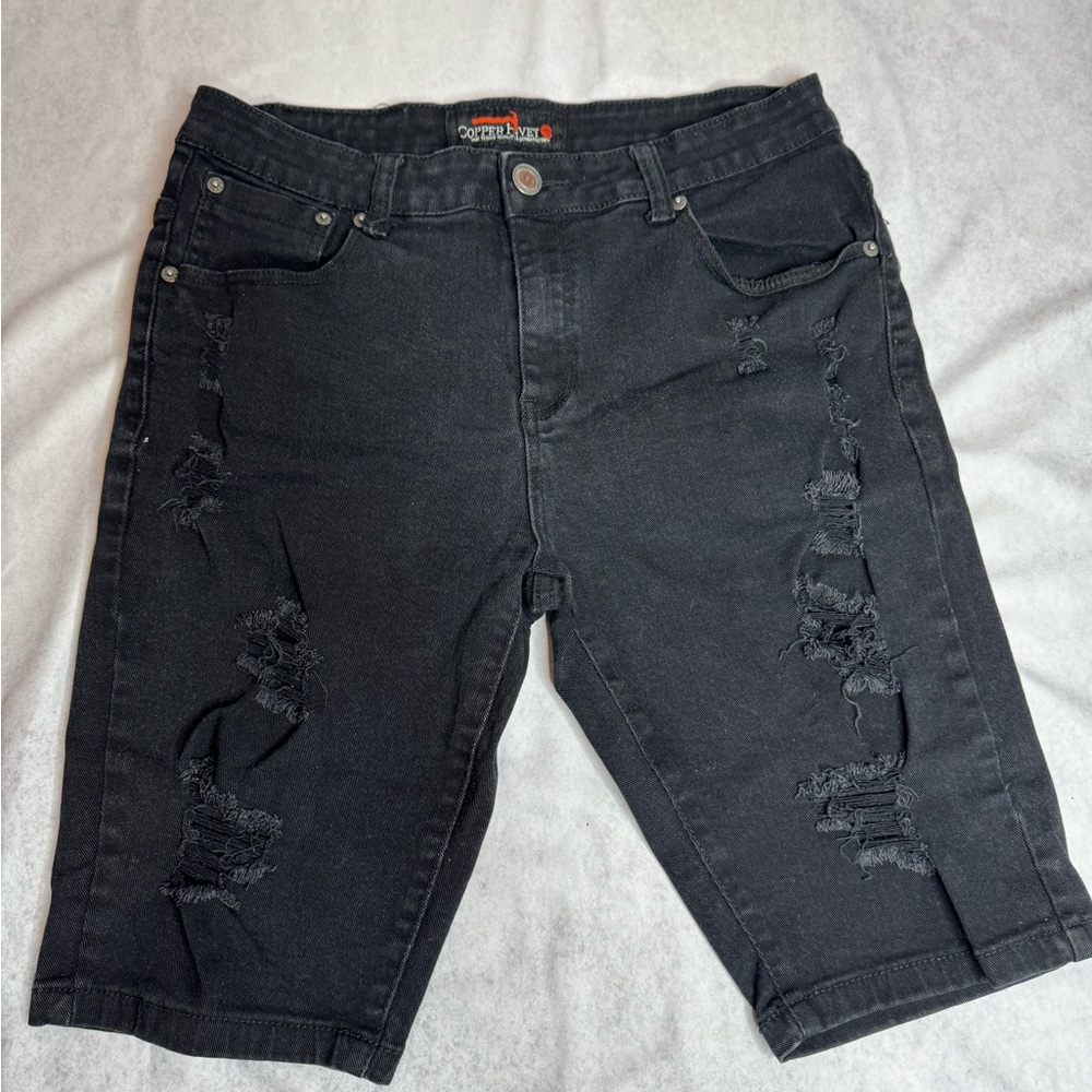 Distressed Black Denim Shorts